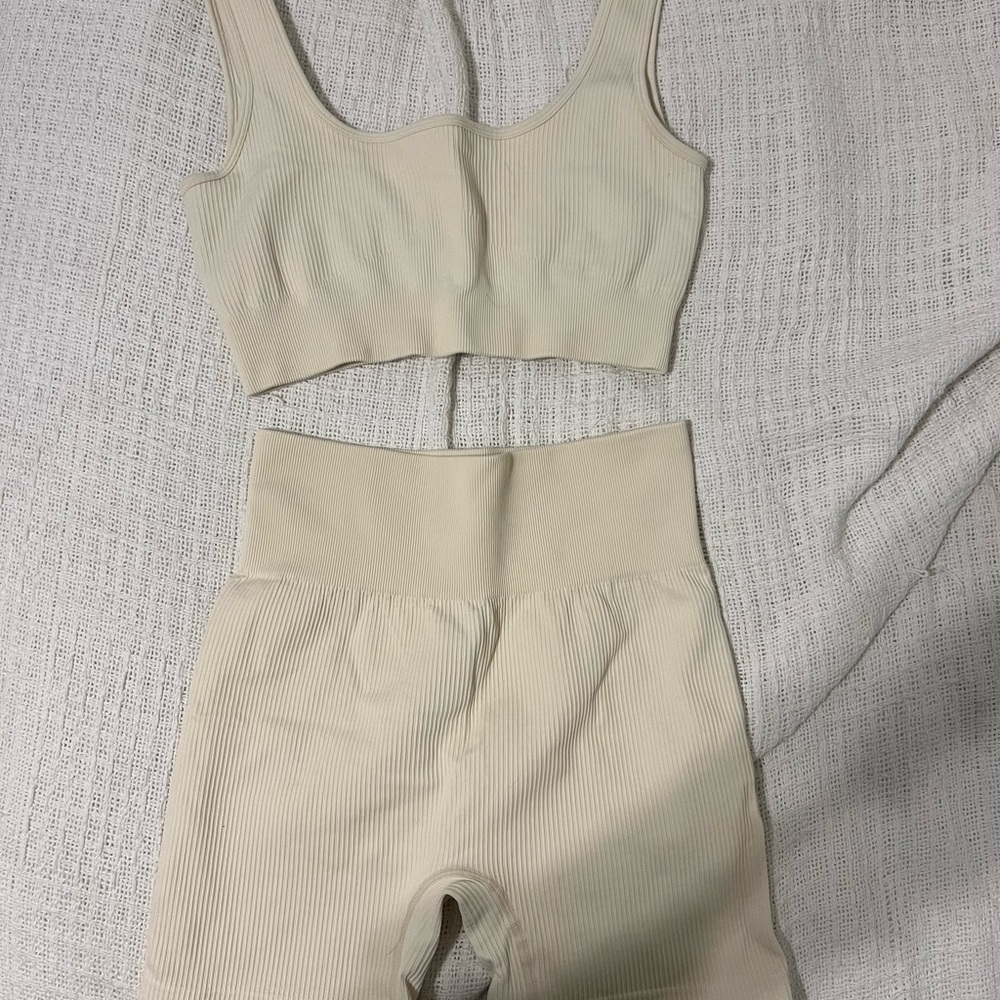 Cream Ribbed Crop Top and Shorts Set